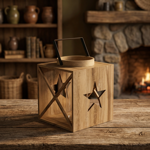 Lanterne en bois à découpe étoile avec poignée en métal idéale pour un décor festif éclairage de bougie utilisation intérieure et extérieure charme rustique - Product Image 1