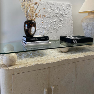 KUMUSI <span class=keywords><strong>Table</strong></span> <span class=keywords><strong>console</strong></span> en travertin beige clair <span class=keywords><strong>Table</strong></span> d'entrée en pierre de marbre beige avec taille personnalisée - Product Image 3