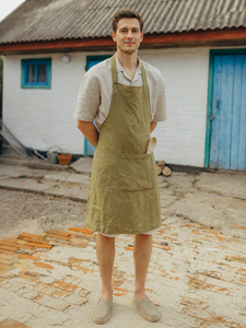 Tablier pour homme en lin délavé, réversible, avec poches, fait main, à nouer dans le dos, color block - Product Image 5