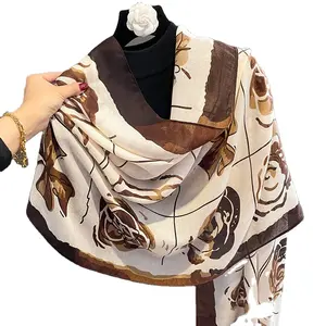 2024 Camellia Printed Silk Scarf Women's Fashionable Extra Large Cotton Linen Shawl Plain Long Style-for Spring Beach Towel