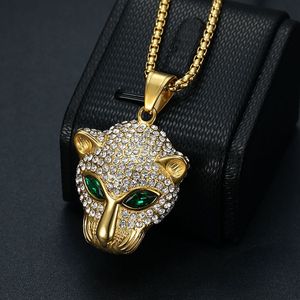 Yunnique – collier avec pendentif tête de léopard en acier inoxydable, avec yeux verts, serti pavé, bijoux unisexes pour fête, accessoire de mode - Product Image 2