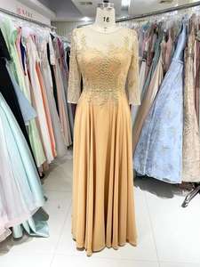 Maniche 3/4 oro lunghezza del pavimento una linea gonna Chiffon <span class=keywords><strong>sera</strong></span> di nozze taglie forti abiti da <span class=keywords><strong>madre</strong></span> della sposa con perline di cristallo - Product Image 2