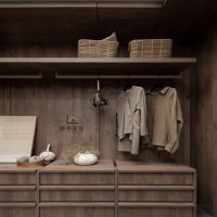Système de rangement pliable en bois foncé rustique avec tringles de suspension et tiroirs profonds, personnalisable pour chambre et salon, entrepôt Melbourne