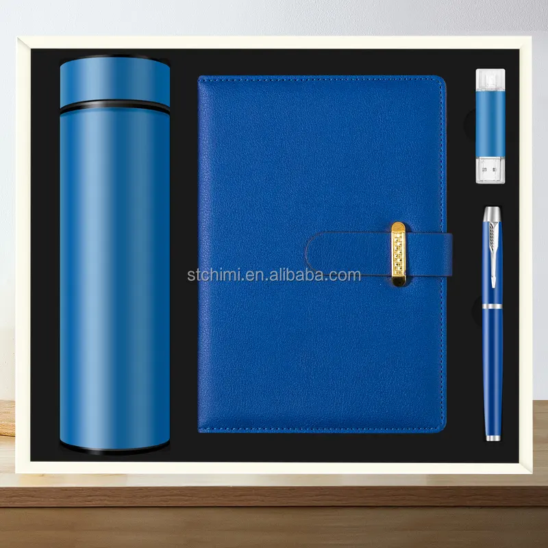 FAIBLE Quantité Minimale De Commande bonne qualité personnalisé logo fiole à vide + A5 business notebook + USB flash drive + stylo cadeau ensemble promotion