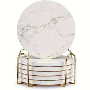 12pcs Ceramic <b>Coaster</b> Set White Marble Striped Anti-Slip with Golden Bracket Water Absorbing <b>Promotional</b> <b>Coasters</b> - Product Image 3