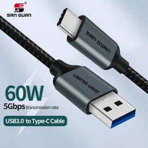 Kabel Cepat Tipe C 60W dengan Nilon Kepang, USB 3.0 Ke USB Tipe C Pengisian Daya Cepat 3A untuk Kabel Pengisi Daya Ponsel Android