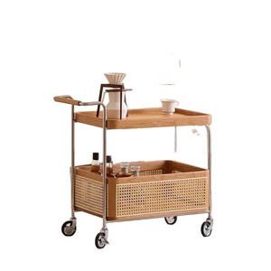 Solid Wood Movable Side Table With Wheels Stainless Steel Storage Vintage Trolley Living Room Storage Rattan <b>Shelf</b> Simple - Product Image 5