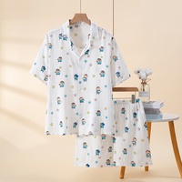 Piyama Katun Murni 100% Wanita, Desain Kartun Berlapis Ganda, Bahan Bernapas, Lengan Pendek Musim Panas, Celana Pendek, Kerah Lapel