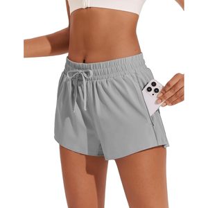 Pantalones cortos para correr para mujer, de secado rápido, elásticos, de cintura alta, con bolsillos con cremallera, color gris claro - Product Image 1