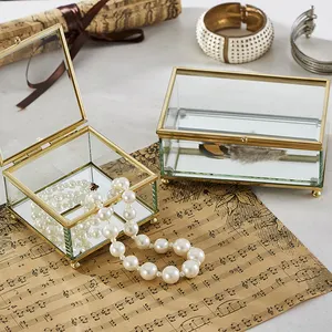 Jewelry Display Box Case Organizer Handmade Decor Mirror Transparent Vintage Metal Frame Gold Glass Mother Of Pearl Jewelry Box