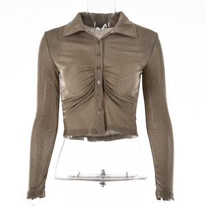 2024 Slim increspato da <span class=keywords><strong>donna</strong></span> scintillano camicie da <span class=keywords><strong>donna</strong></span> Sexy abbigliamento alla moda camicia con colletto abbottonato a maniche lunghe - Product Image 4