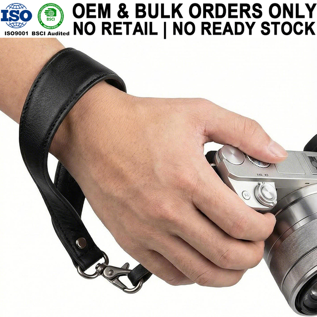 OEM Custom Wholesale Photography Genuine Leather Black Adjustable Hand Wrist Camera Strap for Photography