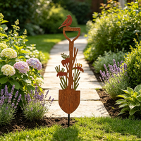 Nouveau piquet de jardin artistique en métal rouillé en forme de pelle avec fleur épanouie pour l'extérieur