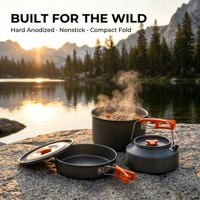 Ensemble de 3 ustensiles de cuisine de camping en plein air, poêle antiadhésive en aluminium, bouilloire, ensemble de cuisine pour la randonnée et le pique-nique, OEM personnalisé, portable