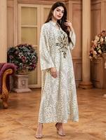 Abaya à col montant imprimé léopard avec broderie de paillettes, Kaftan de Dubaï, Robe longue musulmane