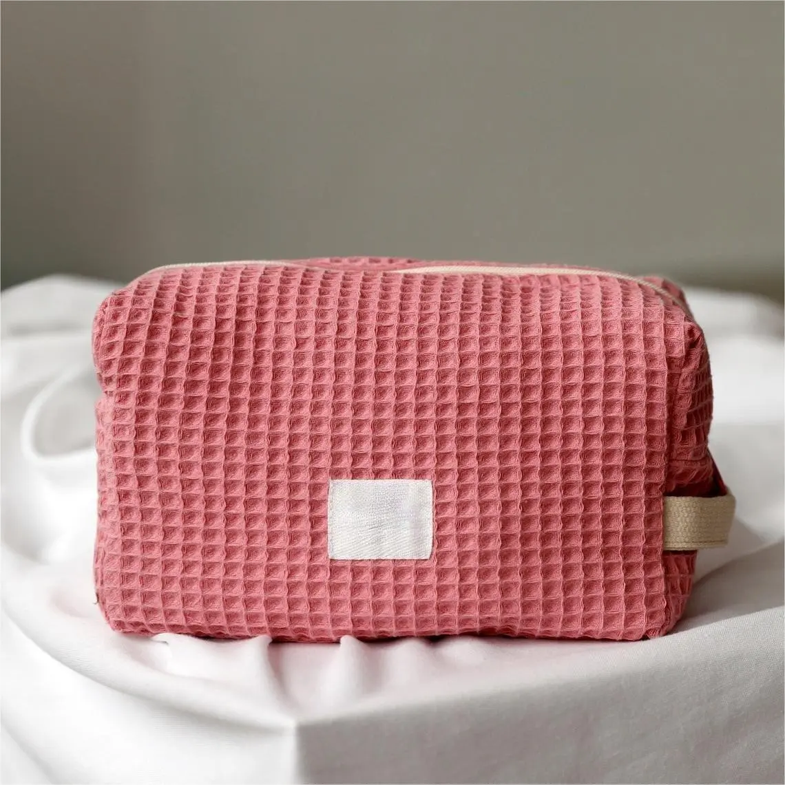 Custom Wholesale Waffle Weave Cotton Textured Cosmetic Makeup Make Up Toiletry Beauty Skincare Pouch Bag