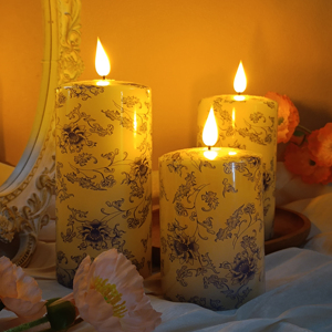 Bleu et blanc porcelaine impression LED <span class=keywords><strong>cire</strong></span> de paraffine pilier bougie 3 pièces Style céramique chinoise sans flamme scintillement personnalisé décor à la maison - Product Image 1
