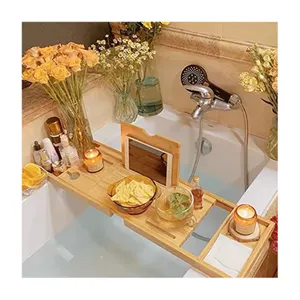 Bandeja <span class=keywords><strong>caddy</strong></span> de madera de bambú natural Premium expandible de lujo, estante para bañera, organizador de bañera con lados extensibles - Product Image 2