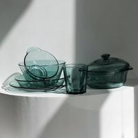 Vaisselle en verre borosilicate de haute qualité, vente en gros d'usine, ensemble de bols et assiettes à soupe, compatible micro-ondes, avec double poignée, fournisseur de vaisselle en verre