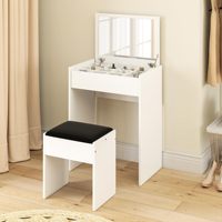 Coiffeuse blanche moderne avec miroir et tabouret, bureau de maquillage éclairé pour appartement et chambre