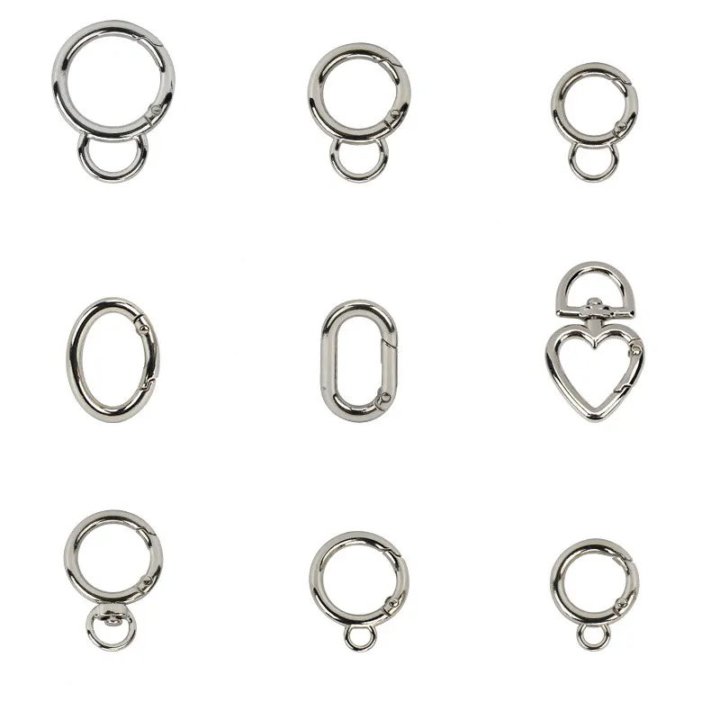 Wholesale high quality lobster clasp spring buckles various shapes flat open ring swivel snap hook handbag