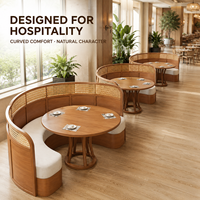 Banquette à dossier haut avec dossier en rotin et assise crème, table ronde en bois avec chaises et tables à piétement en bois pour la restauration et l'hôtellerie