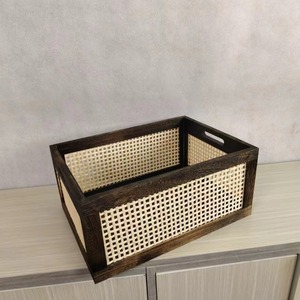 Retro Rattan Woven Solid Wood <b>Storage</b> <b>Basket</b> 35x25x16cm With Handle For Home Desktop Organizing - Product Image 2