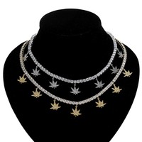Chaîne tennis en laiton et zircon, collier tennis avec pendentif feuille d'érable
