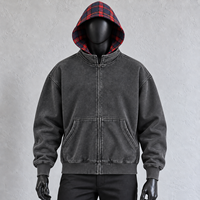 Sweat à capuche zippé surdimensionné pour homme, gris anthracite à carreaux, épaules tombantes, style streetwear vintage, personnalisable avec logo, vente en gros