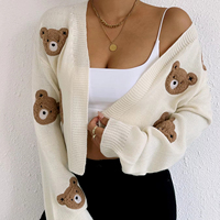 Pull cardigan en tricot court à manches longues avec un motif d'ours mignon et décontracté personnalisé pour femmes