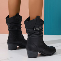 Bottes mi-mollet pour femmes, style western, avec rivets et pompons décoratifs, bout rond, talon épais, à enfiler, pour tenues quotidiennes