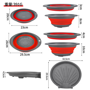 Foldable Draining Basket Set With Tray Red 3 Piece Collapsible Kitchen Sink Vegetable Fruit Rack L Size - Product Image 2
