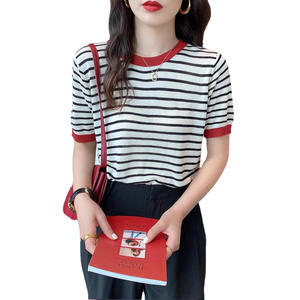 2025เสื้อลายทางของผู้หญิงเสื้อยืดถักพิมพ์ลายคอเสื้อแขนสั้นลำลองผ้าทอแบบเรียบง่ายกันลื่นอัดแน่นสำหรับฤดูร้อน - Product Image 3