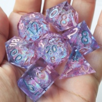 LuxeRoll Sakura Liquid Core Sharp Resin Dice Set 7Pcs Polyhedral DND Dice Handmade Cherry Blossom Dice for RPG Tabletop Game