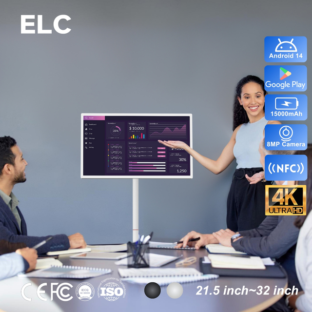 New 32" 4K UHD Portable Smart Screen Android 14 RK3576S Mobile Touch Monitor with Wheels Wireless Rolling for Home & Office
