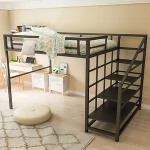 现代单人大床宿舍成人学生，带书桌钢双层床，用于公寓空间节省阁楼双人床框架