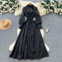 Robe longue élégante pour femmes, en dentelle, patchwork, manches longues, coupe évasée, décontractée, avec ceinture, boutonnée, pour tous les jours