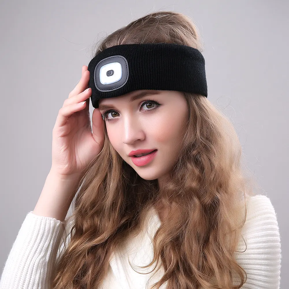 Sports Headband with LED Light Beanie with Light Unisex Knit Lighted Hat USB Rechargeable Headlight Cap Warm Winter Gifts