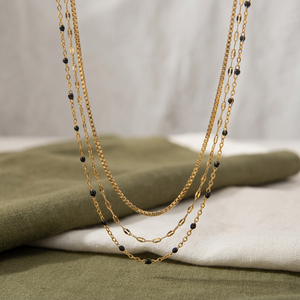 Womens Stainless Steel 3-Tier Mini Black Enamel Bead <b>Rope</b> <b>Chain</b> 14K Gold Plated 18inches Wedding Necklace - Product Image 6