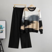 Ensemble 2 pièces chic personnalisé pour femme en jacquard tricoté : pull col rond et pantalon large longueur cheville, texture douce, tenue quotidienne coordonnée