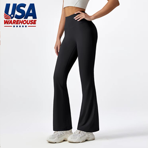 USA Oversea High Waist <b>Flared</b> Leg Yoga <b>Leggings</b> Full Length Solid Black Seamless Four-Way Stretch Elastic Waist Sport Pants - Product Image 1