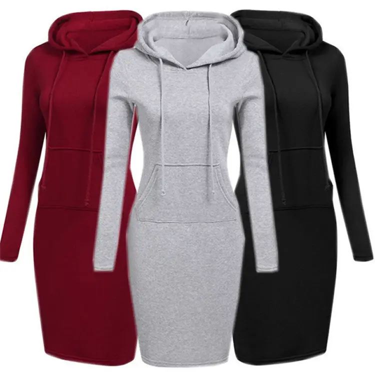 100% Polyester Vrouwen Lange Mouw Trui Fit Slim Casual Hooded Sweater Jurk Vlakte Hoodies Hoodie Vrouw Hoodies