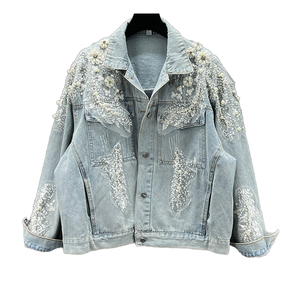 Vente en gros Nouvelle mode 2026 <span class=keywords><strong>Veste</strong></span> en jean pour <span class=keywords><strong>femme</strong></span> décontractée, perlée, unie, respirante, à simple boutonnage, à manches classiques, avec sequins - Product Image 1