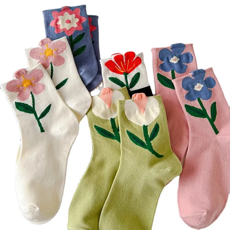 ถุงเท้าสั้นสำหรับผู้หญิง,ถุงเท้าหลอดกลางสไตล์เกาหลีฮาราจูกุสีลูกกวาดลายการ์ตูนดอกไม้ระบายอากาศได้ดี1คู่