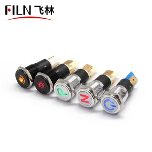 FILN 14mm flat head warning symbol metal black led red yellow white blue green 12v led indicator light with 20cm cable