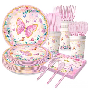 Ensemble de décoration de fête sur le thème du lac papillon rose jetable pour l'obtention du diplôme comprenant des assiettes en papier pour les anniversaires et autres célébrations - Product Image 2