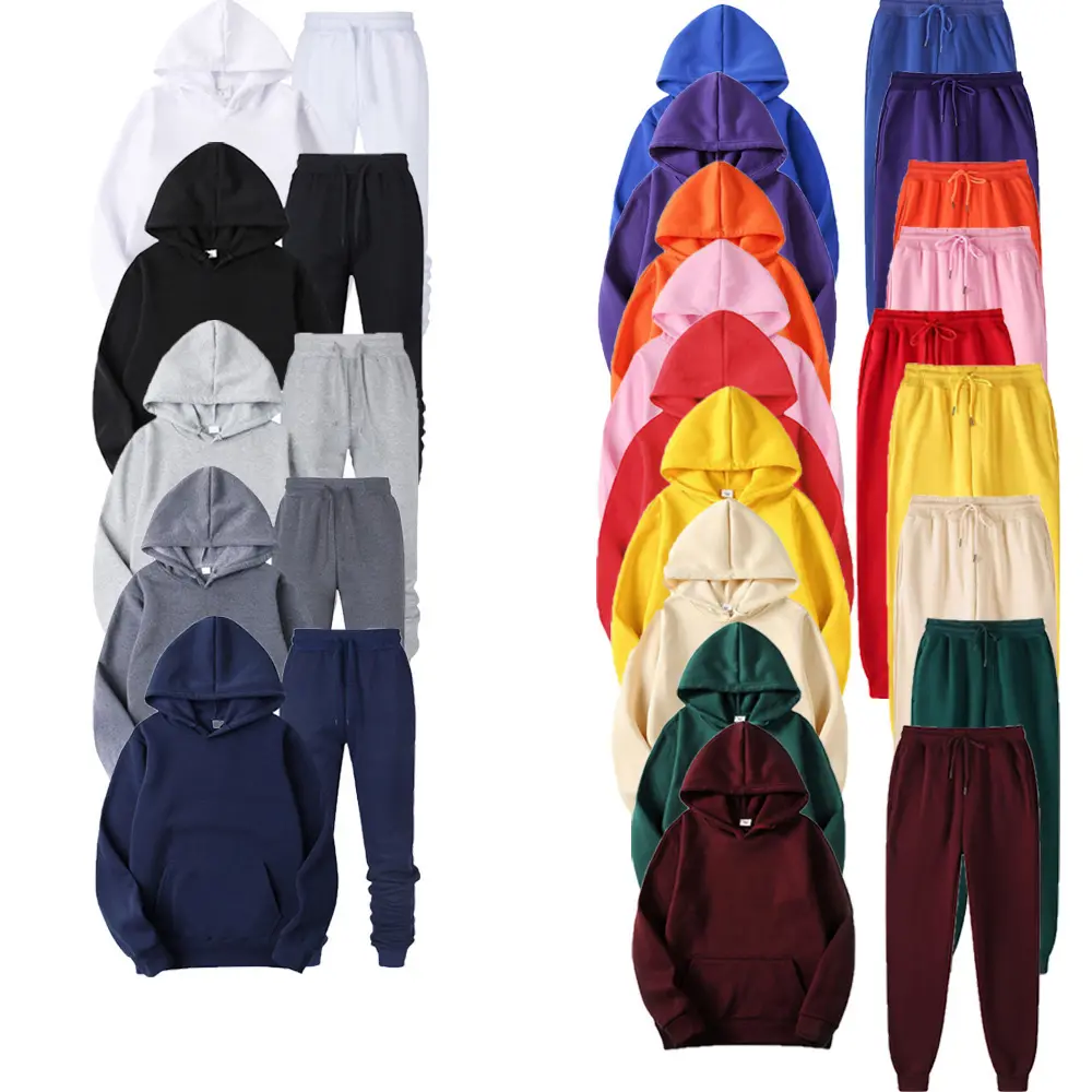Professional Manufacture Crew Neck Plain pullover Sweatshirt Sublimation Hooded Tracksuit Custom blank Print Men's hoodies set