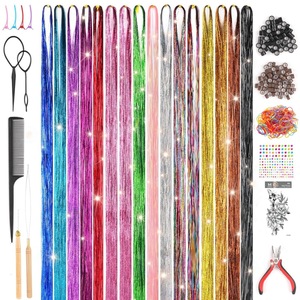 Juego <span class=keywords><strong>de</strong></span> extensión <span class=keywords><strong>de</strong></span> láser multicolor brillante en stock <span class=keywords><strong>de</strong></span> fábrica, hebras <span class=keywords><strong>de</strong></span> peluca doradas y plateadas, oropel <span class=keywords><strong>de</strong></span> fibra <span class=keywords><strong>de</strong></span> alta temperatura <span class=keywords><strong>de</strong></span> estilo recto - Product Image 1