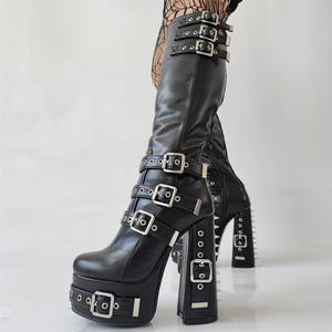Bottes hautes pour femme à boucles larges, plateforme épaisse et talons robustes, grandes tailles 47, avec rivets métalliques arrière - Product Image 5