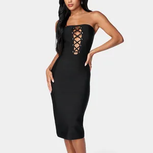 Fashionable cutting hollowed out lace up chest wrapped sexy bandage dress niche designer custom womens elegant clothing